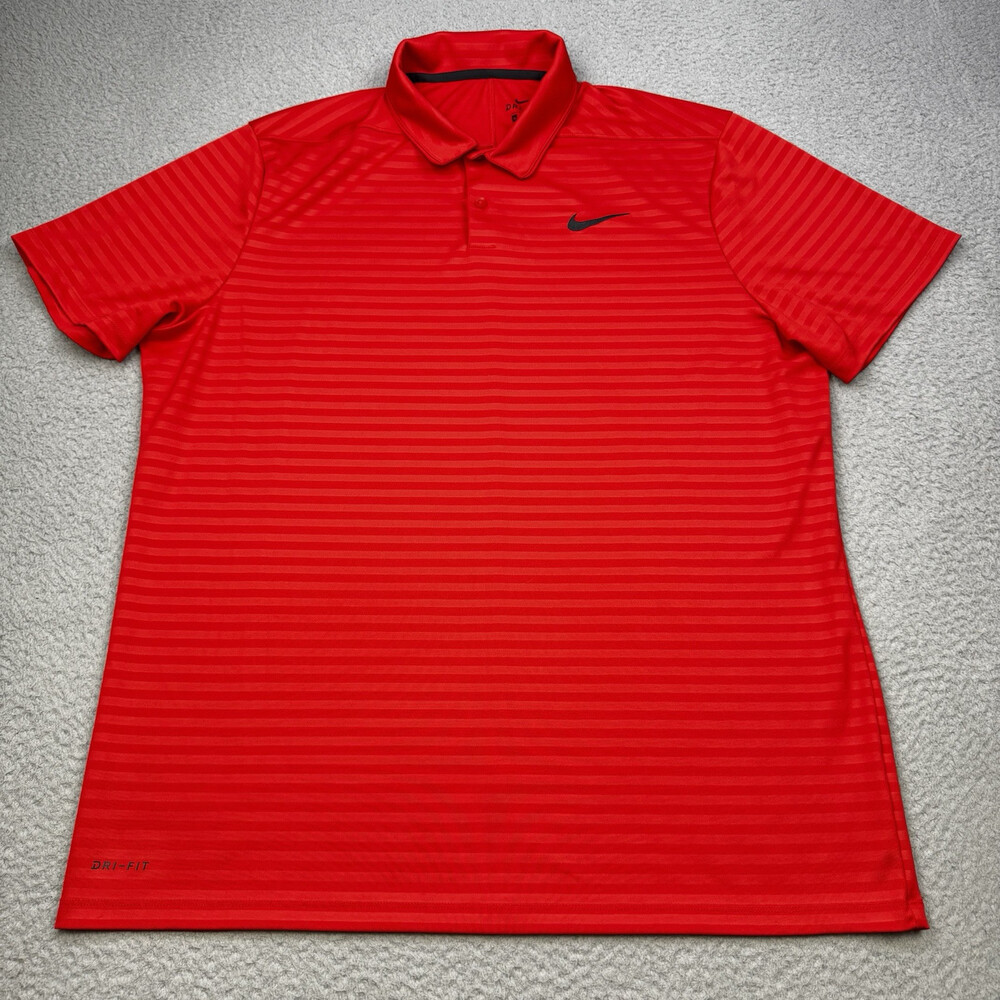 NIKE Shirt Mens Extra Large Red Stripe Essential Emboss DriFit Golf Polo